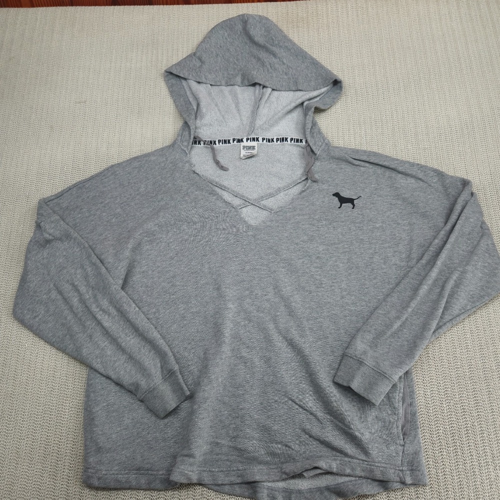 Victorias Secret Pink Hoodie Womens Medium Gray Dog Oversized Pullover Crop